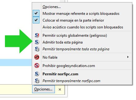 No bloquear y permitir con NoScript las páginas de NorfiPC