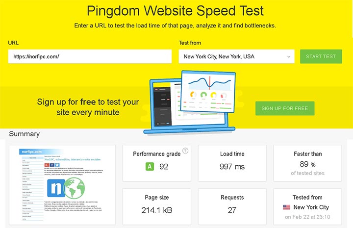 Midiendo con Pingdom la velocidad de la página principal del sitio NorfiPC