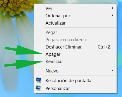 Agregar la opción de Apagar o Reiniciar en el menú contextual en Windows 8
