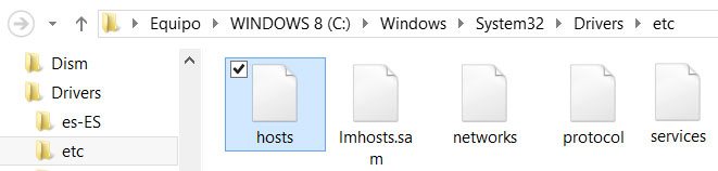 Ubicación del archivo hosts en Windows 8