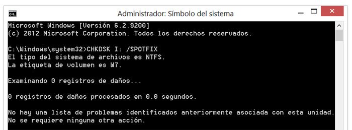Revisar y reparar un disco usando la opción SPOTFIX en CHKDSK en Windows 8