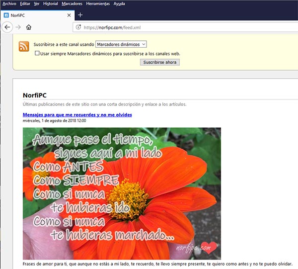Imagen en el feed RSS del sitio en el navegador Firefox